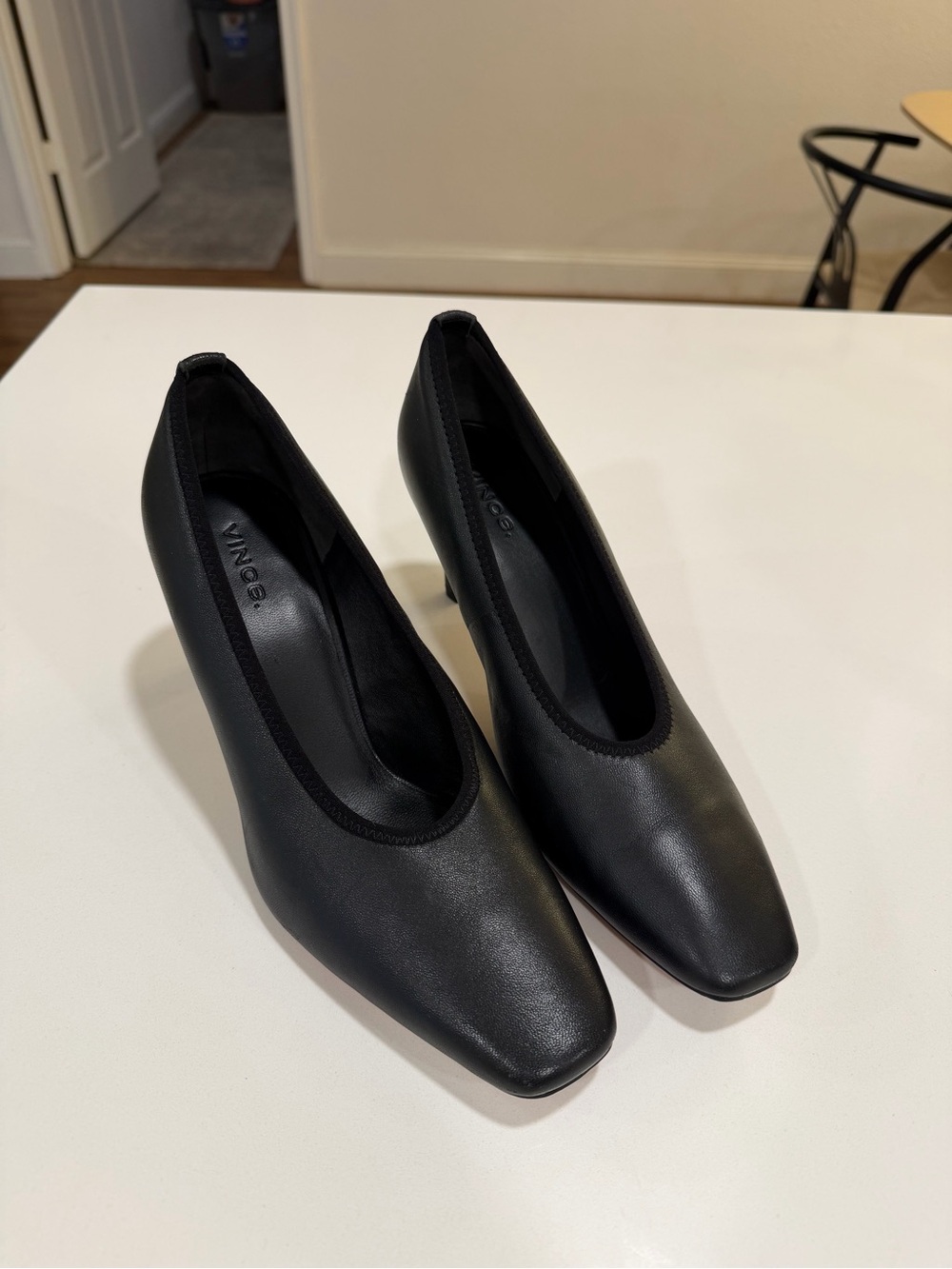VINCE square toe black leather heel pumps